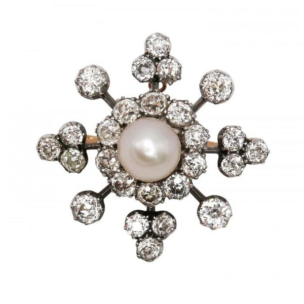 Victorian Antique Natural Pearl and Diamond Snowflake Cluster Pendant Brooch