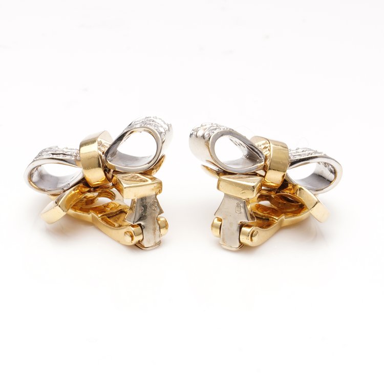 Pomellato Italian 1.08ct Diamond Bow Shaped Clip On Earrings in 18ct Yellow Gold