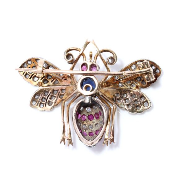 Antique Victorian Insect Brooch with Rose Cut Diamonds, Rubies and Sapphire