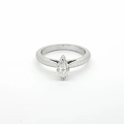 Marquise Cut Diamond Single Stone Engagement Ring; featuring a 0.59 carat marquise-cut diamond, claw set and mounted in platinum