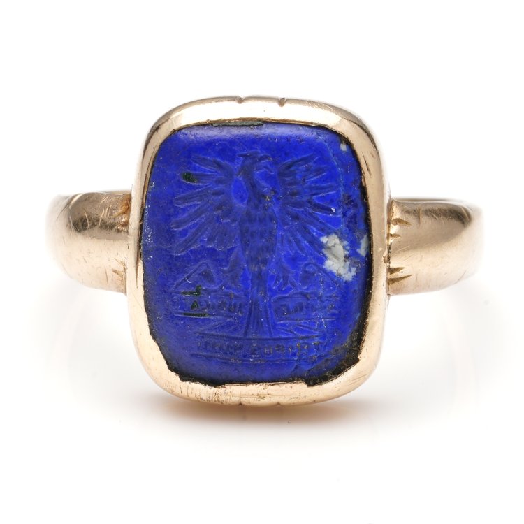 Antique 18ct Yellow Gold Signet Ring with Lapis Lazuli Bearing Heraldic Eagle and Latin Phrase