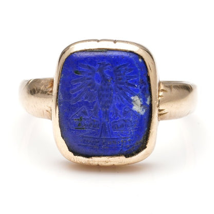 Antique 18ct Yellow Gold Signet Ring with Lapis Lazuli Bearing Heraldic Eagle and Latin Phrase