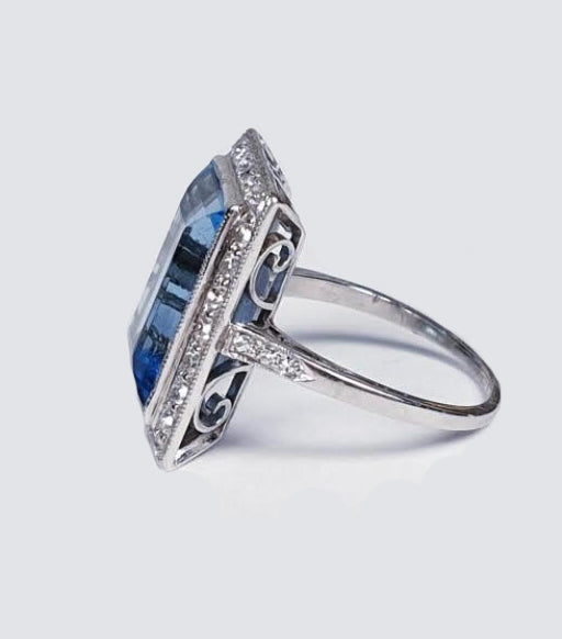 Art Deco 7ct Santa Maria Aquamarine and Diamond Cluster Dress Ring in Platinum