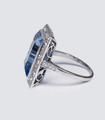 Art Deco 7ct Santa Maria Aquamarine and Diamond Cluster Dress Ring in Platinum