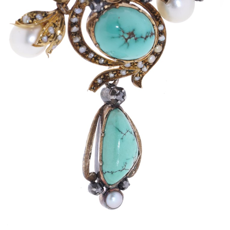 Antique Portuguese Turquoise Pearl and Diamond Pendant Brooch
