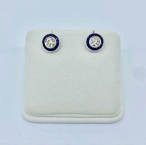 0.61ct Diamond and Calibre Sapphire Target Cluster Stud Earrings