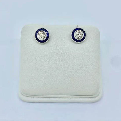 0.61ct Diamond and Calibre Sapphire Target Cluster Stud Earrings