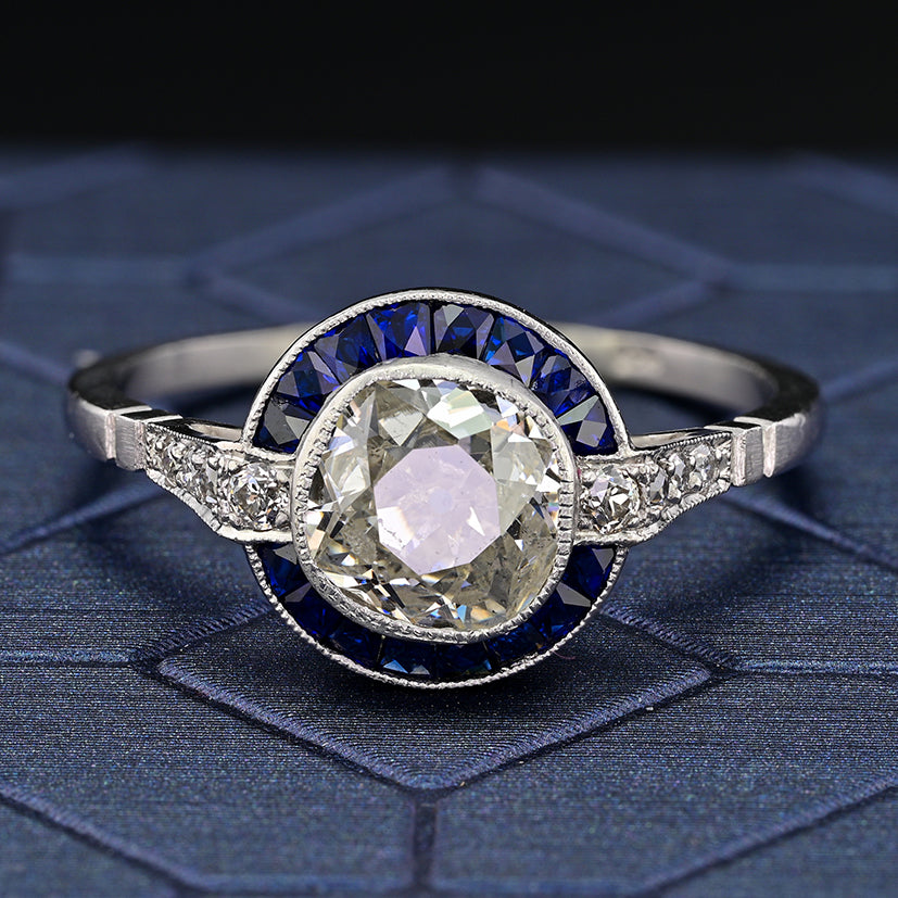 1.10ct Old Mine Cut Diamond and Sapphire Target Engagement Ring in Platinum