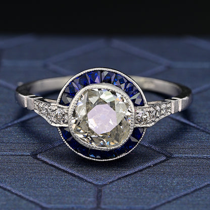 1.10ct Old Mine Cut Diamond and Sapphire Target Engagement Ring in Platinum