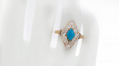 Antique Victorian Turquoise and Diamond Cluster Ring, Circa 1870s