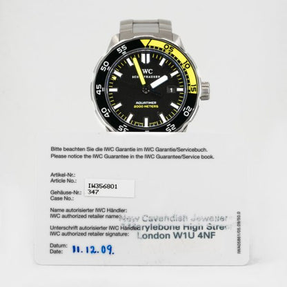 IWC Aquatimer 2000 Steel 44mm Automatic Sport with Black Dial, Ref IW356801 with IWC box and papers