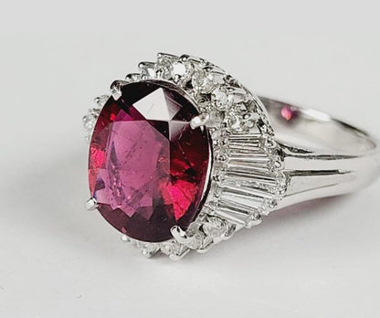 Vintage French 5ct Rubellite and Baguette Diamond Cluster Dress Ring, Circa 1960