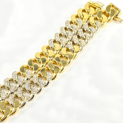 Vintage Italian 1940s Retro Diamond Set Gold and Platinum Curb Link Necklace with Fleur de Lys, 13.30 carat total