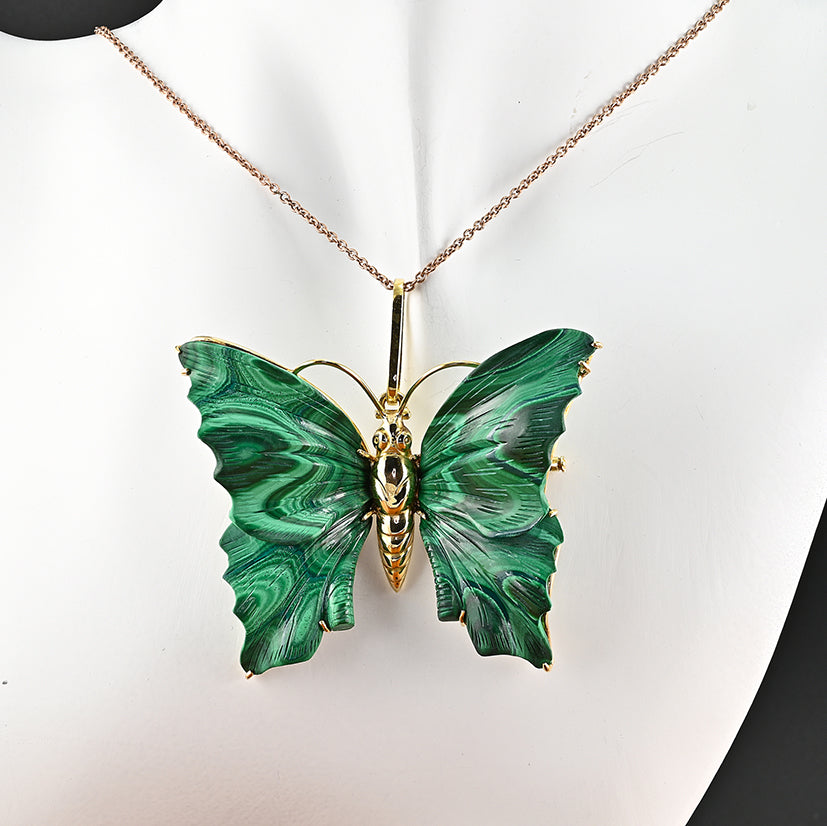 Vintage Carved Malachite Butterfly Pendant Brooch 18ct Yellow Gold
