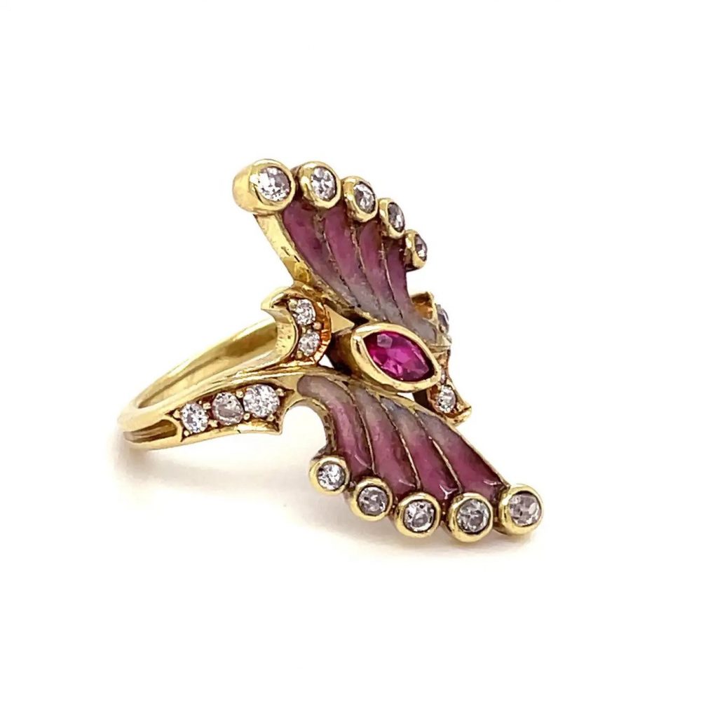 Art Nouveau Pink Plique a Jour Enamel Ruby and Diamond Ring