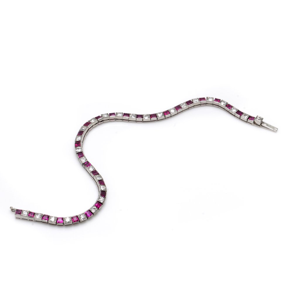 Cartier Art Deco Platinum Tennis Bracelet with Rubies and Diamonds