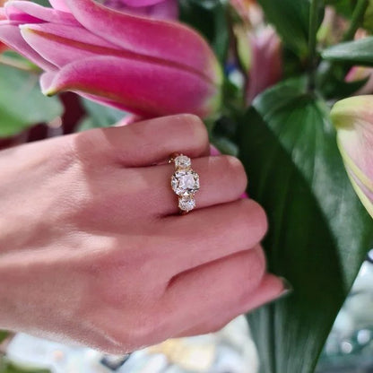 Cushion Old Cut Diamond Three Stone Ring, 2.87cts