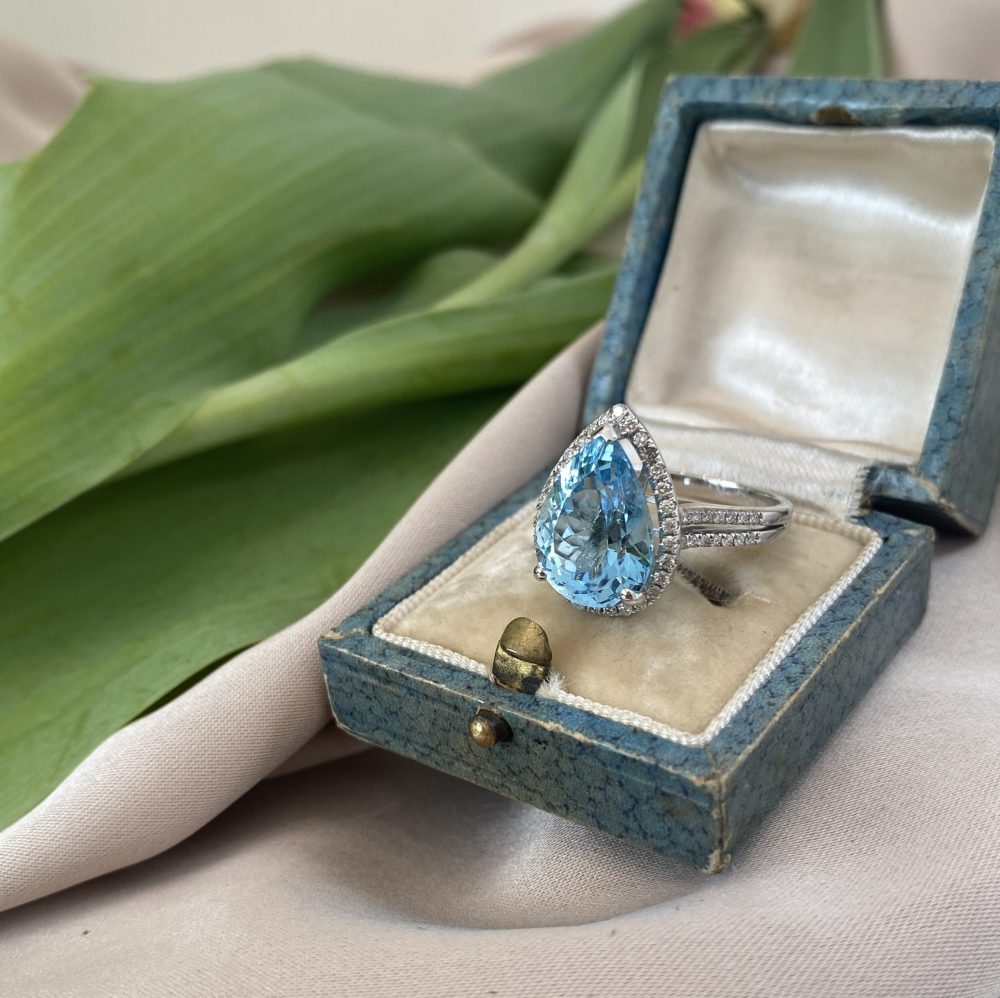 4.77ct Aquamarine and Diamond Pear Shaped Cluster Cocktail Ring in 18ct White Gold