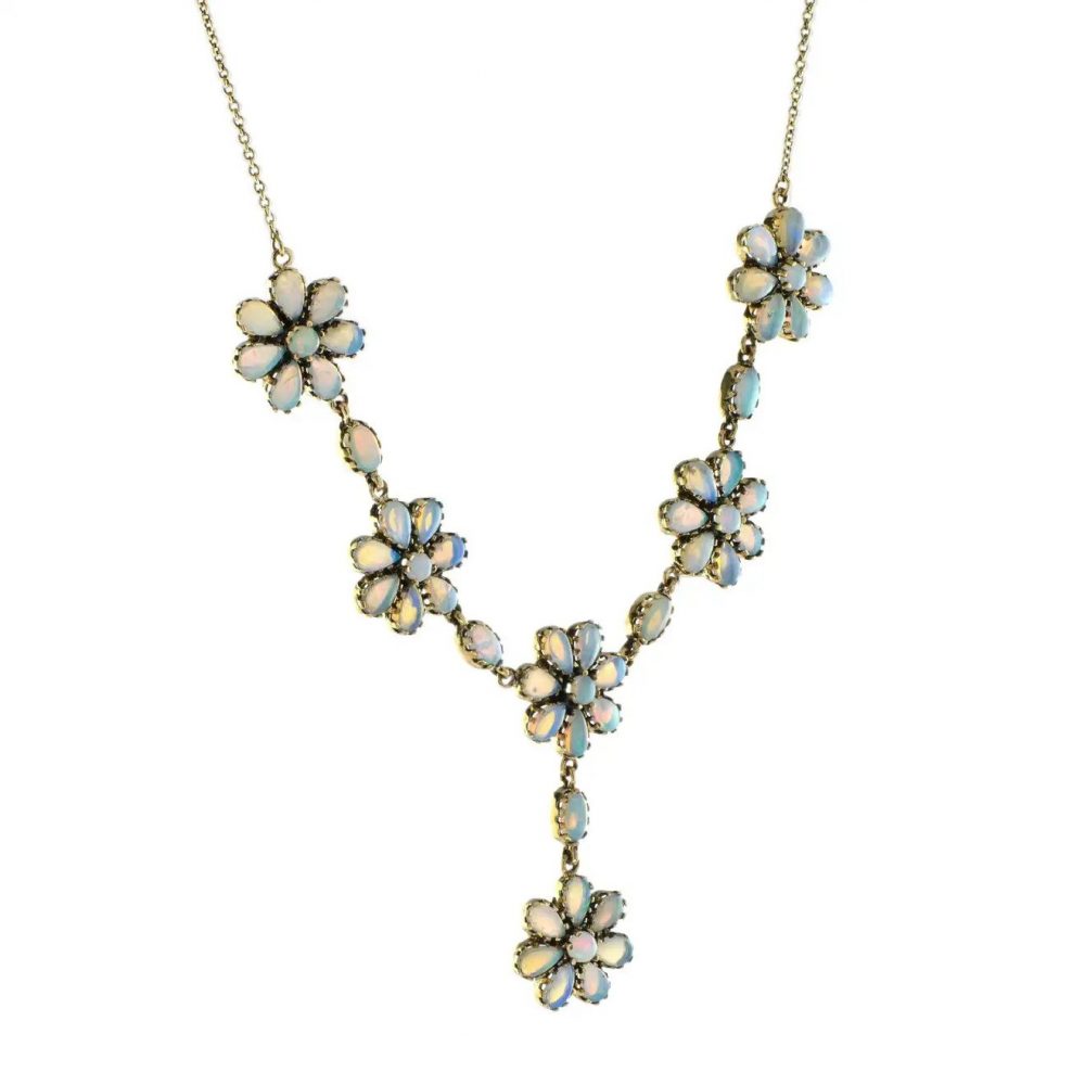 Opal Floral Cluster Necklace, 5.97 carat total