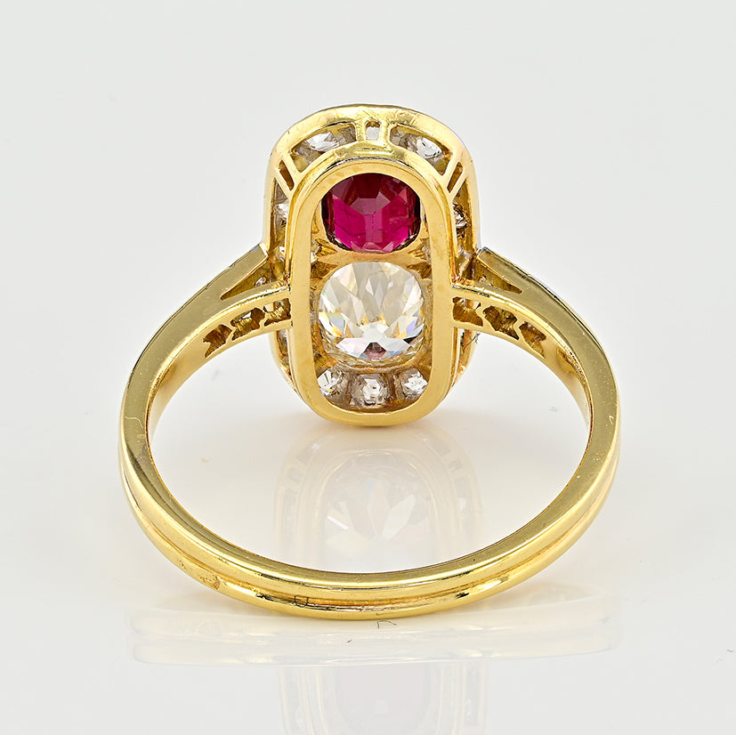 Edwardian Antique Natural No Heat Ruby and Old Mine Cut Diamond Two Stone Cluster Plaque Ring in Platinum and 18ct Yellow Gold