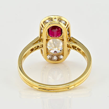 Edwardian Antique Natural No Heat Ruby and Old Mine Cut Diamond Two Stone Cluster Plaque Ring in Platinum and 18ct Yellow Gold