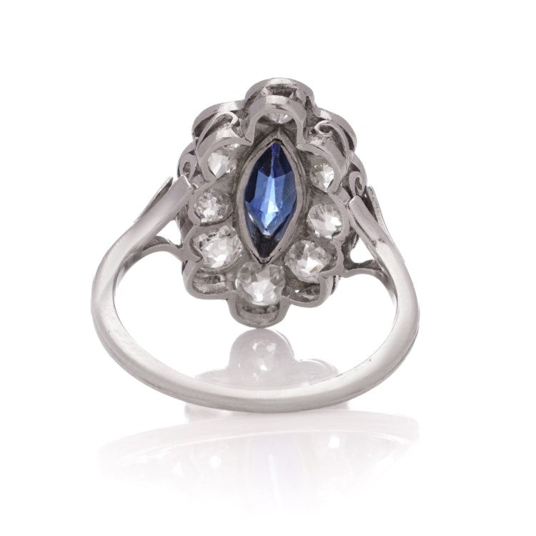 Art Deco 1ct Marquise Ceylon Sapphire and 2ct Old Cut Diamond Cluster Ring