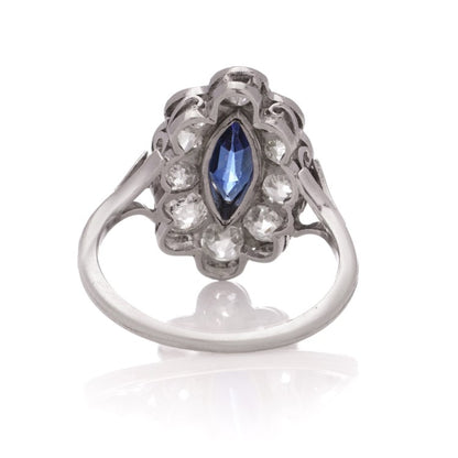 Art Deco 1ct Marquise Ceylon Sapphire and 2ct Old Cut Diamond Cluster Ring