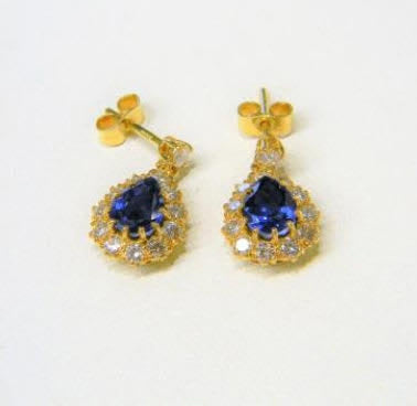 Vintage Sapphire and Diamond Pear Shaped Cluster Drop Earrings; featuring 2.00cts royal blue pear-cut sapphires surrounded by 0.84cts brilliant cut diamonds, with diamond top, in 18ct yellow gold, Circa 1970s