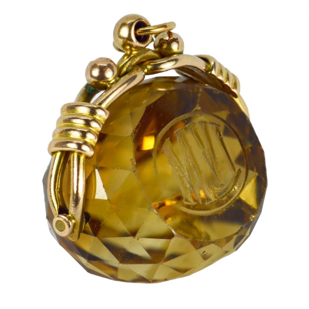 Engraved Citrine and Yellow Gold Spinning Fob Charm Pendant