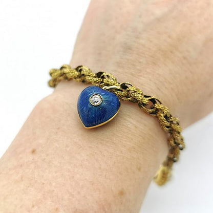 Antique Victorian Gold Heart Charm Bracelet; Prince of Wales chain bracelet with granulated links, set with natural pearl and old-cut diamond cluster clasp, suspending a modern blue guilloche enamel heart charm set with a central old-cut diamond