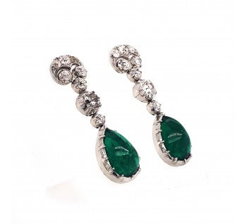 Cabochon-Cut Emerald and Old-Cut Diamond Drop Earrings, 15.50ct total