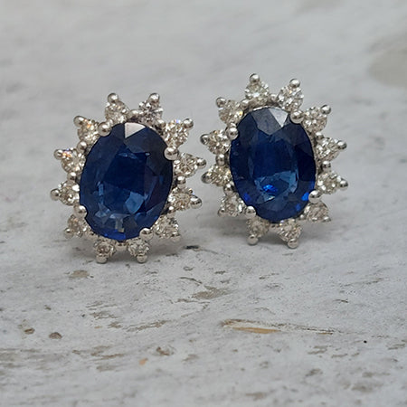 2.60ct Blue Sapphire and Diamond Oval Cluster Stud Earrings in 18ct White Gold