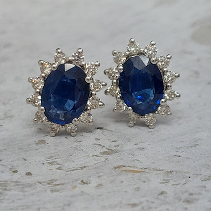 2.60ct Blue Sapphire and Diamond Oval Cluster Stud Earrings in 18ct White Gold