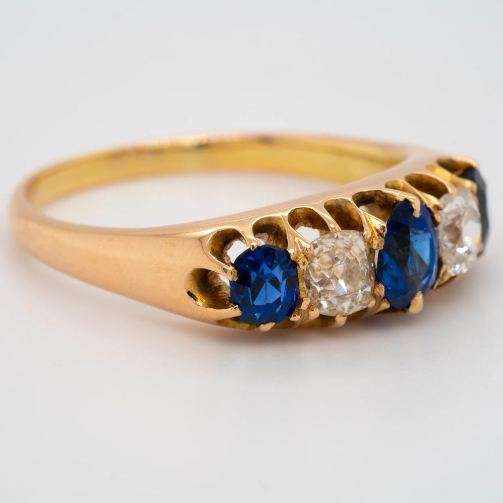 Edwardian Antique 1.50ct Cushion Cut Sapphire and Diamond Five Stone Ring