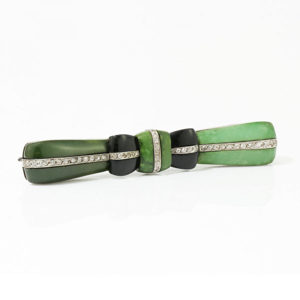 Art Deco Jadeite, Onyx and Old Cut Diamond Bow Brooch in Platinum