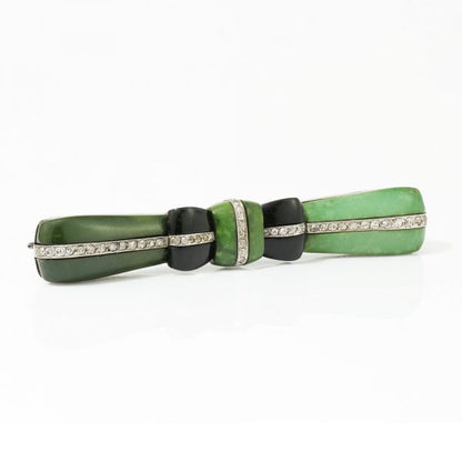 Art Deco Jadeite, Onyx and Old Cut Diamond Bow Brooch in Platinum