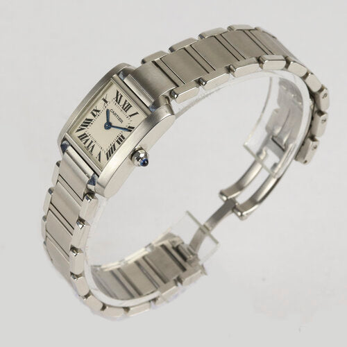 Cartier Tank Française Ladies 2384 Small Size Stainless Steel 20mm Quartz Watch, white dial, Roman numerals, blue steel hands, blue cabochon gem set crown, Cartier stainless steel bracelet with a hidden double deployant clasp.