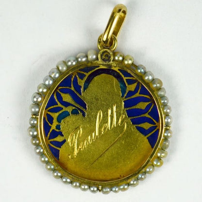 Madonna and Child 18ct Gold Pendant with Natural Seed Pearls and Blue Plique a Jour Enamel