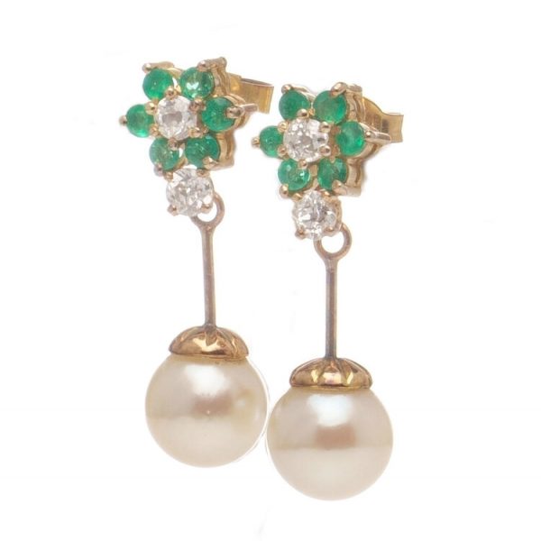 Antique Freshwater Pearl Drop Earrings with Diamonds and Emeralds