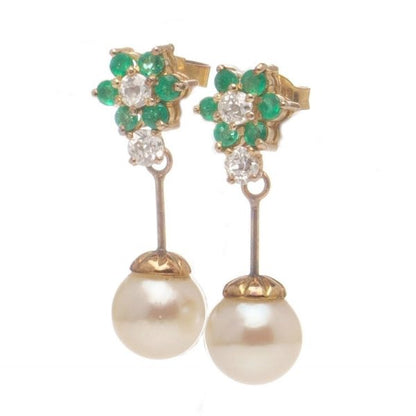 Antique Freshwater Pearl Drop Earrings with Diamonds and Emeralds