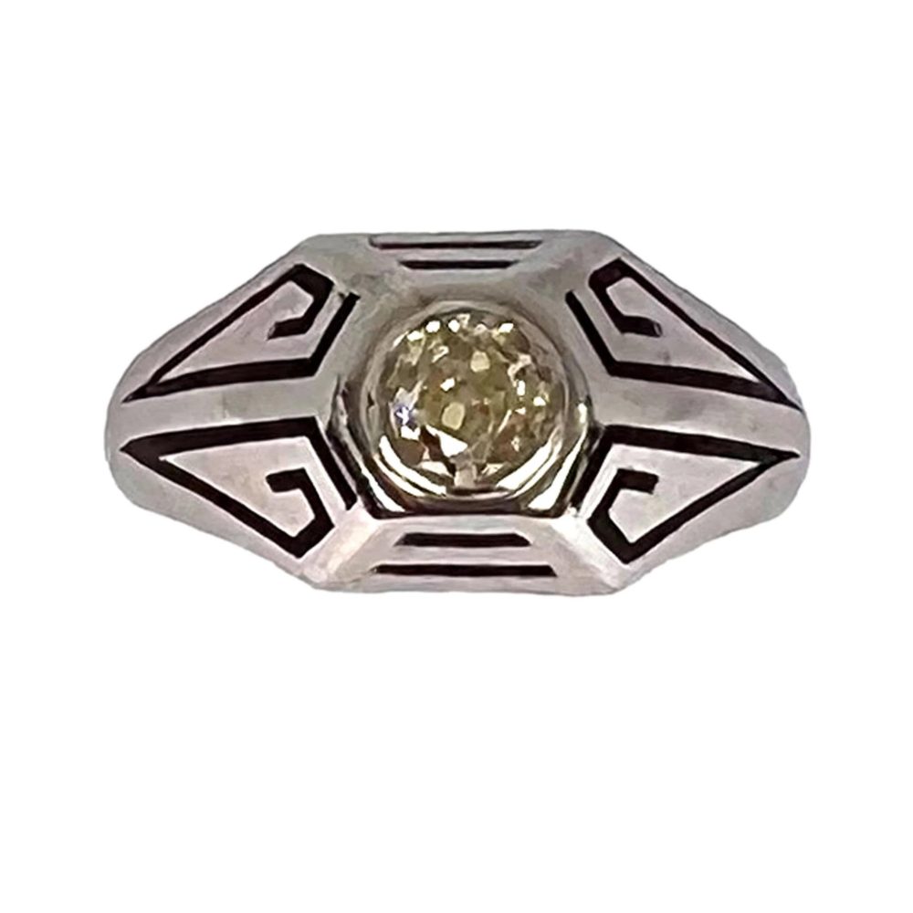 Art Deco 0.45ct Old European Cut Tinted Yellow Diamond Black Enamel and 14ct White Gold Ring