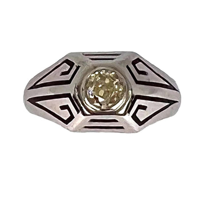 Art Deco 0.45ct Old European Cut Tinted Yellow Diamond Black Enamel and 14ct White Gold Ring