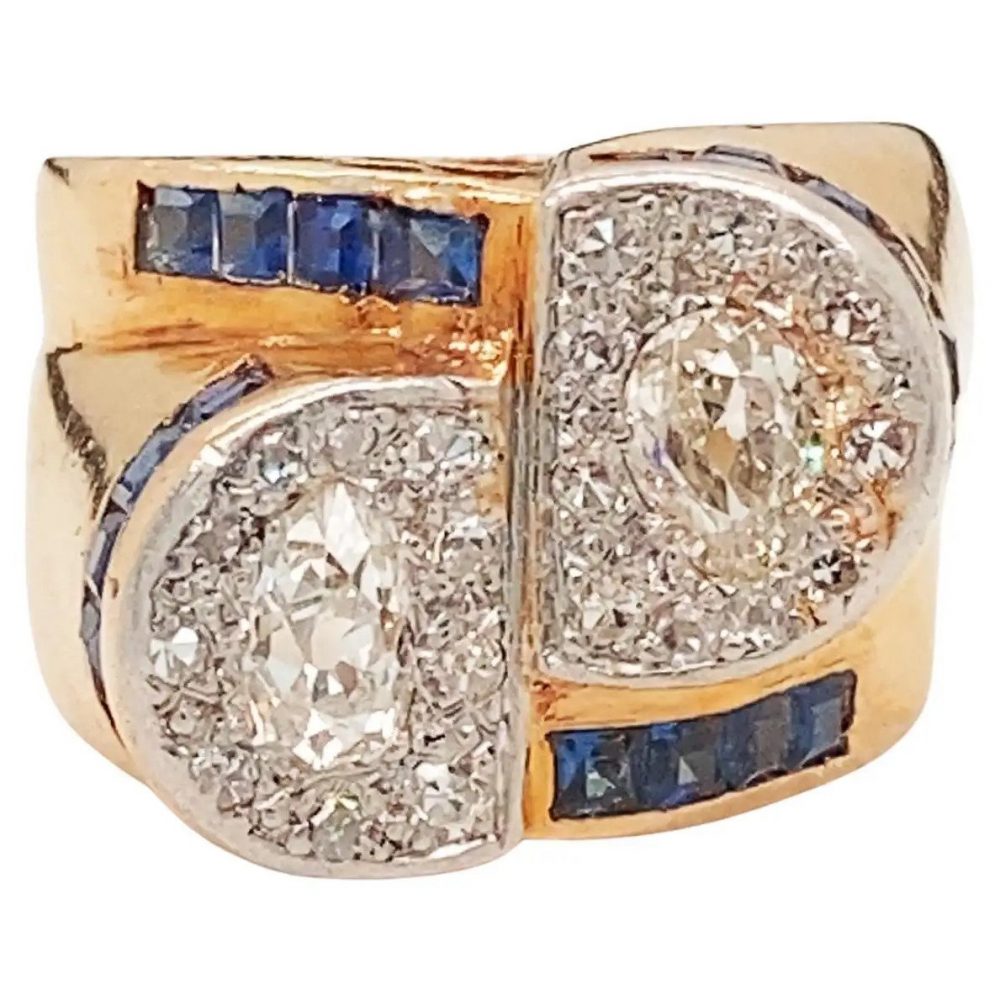 Vintage French 1940s Retro 2.5ct Diamond and Sapphire Toi et Moi Dress Ring