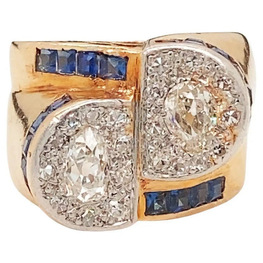 Vintage French 1940s Retro 2.5ct Diamond and Sapphire Toi et Moi Dress Ring
