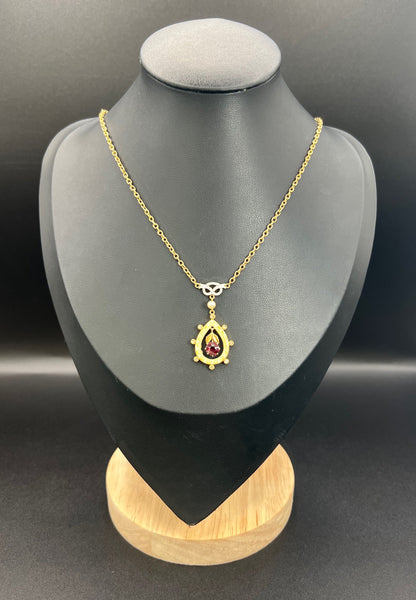 Antique 15 ct Gold, Edwardian Garnet, Diamond, Seed Pearl And Enamel Pendant Necklace