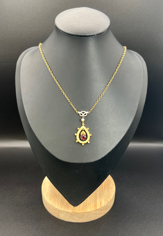 Antique 15ct Gold, Edwardian Garnet, Diamond, Seed Pearl & Enamel Teardrop Pendant Necklace