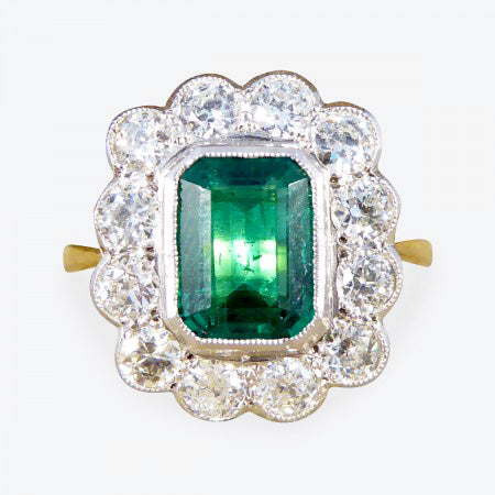 Emerald-Cut Emerald and Diamond Floral Cluster Ring, 2.75cts, 18ct Gold
