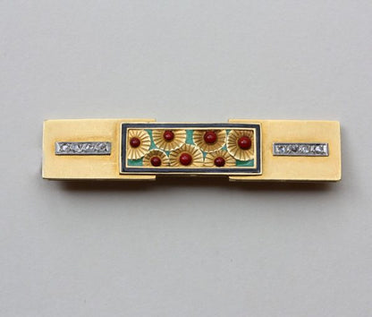 Art Deco French Enamel, Diamond and 18ct Gold Yellow Poppy Bar Brooch; red enamel and green plique a jour flower panel, black enamel frame, flanked by rose cut diamonds set in platinum