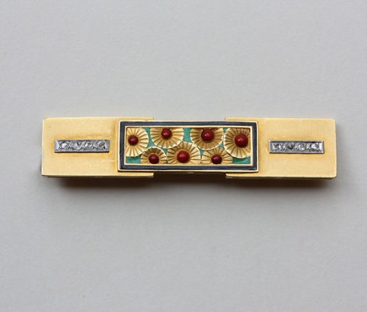 Art Deco French Enamel, Diamond and 18ct Gold Yellow Poppy Bar Brooch; red enamel and green plique a jour flower panel, black enamel frame, flanked by rose cut diamonds set in platinum