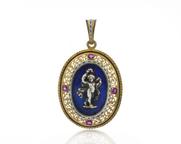 Antique Italian 18ct Yellow Gold Pendant in the style of Castellani; featuring a silver cherub on lapis lazuli, in 18ct pierced surround accented with rubies, Circa 1850-1870s